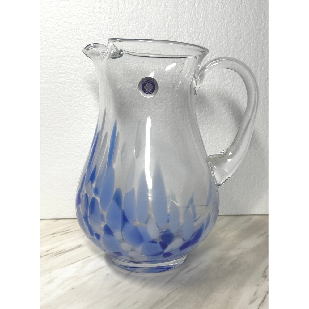 Momo Panache Handcrafted Blue White Art Glass Pitcher Made in Poland 9in